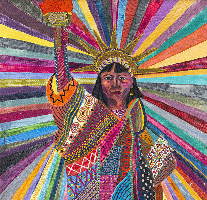 Detail of a painting by Pacita Abad of the Statue of Liberty as a woman of color with rays of different colors of light shining behind her.